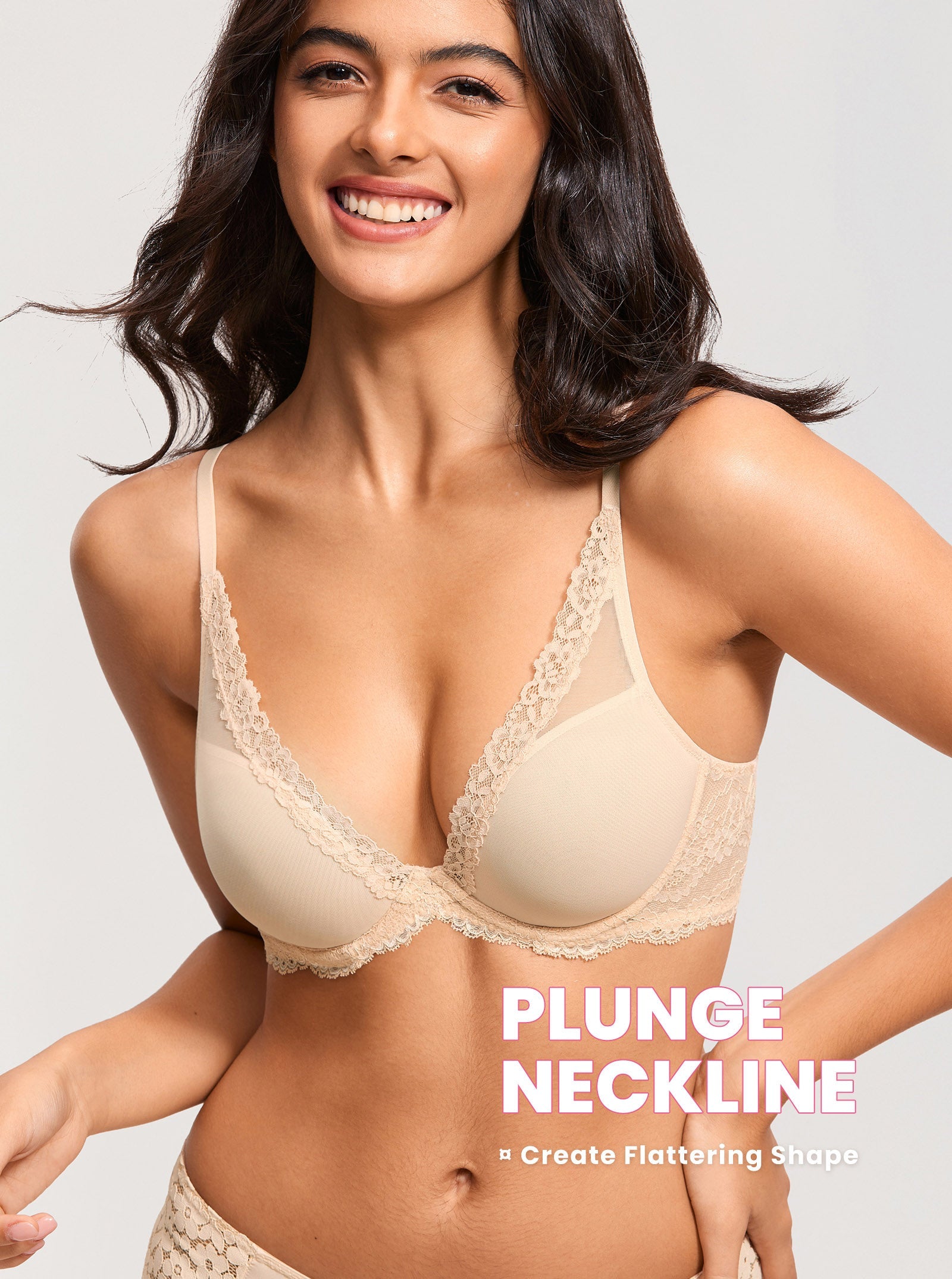 Diosa Glam™ Sutiã Plunge com Renda e Tule Transparente