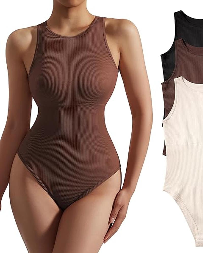 Body Sem Mangas com Decote em V e Design Canelado – Elegância e Controle