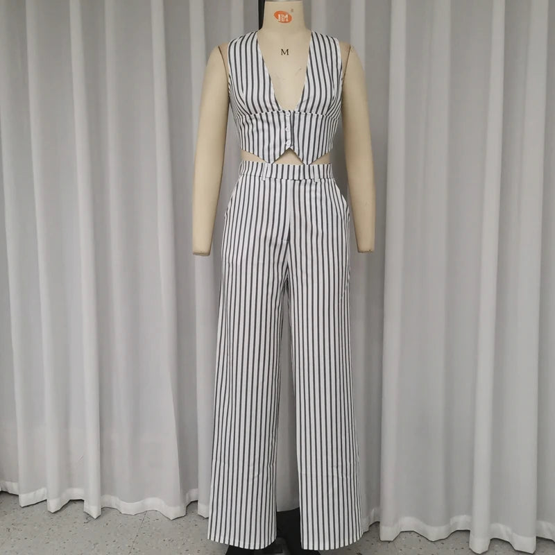 Conjunto Glamour de Verão – Top Listrado sem Mangas e Calça de Perna Larga