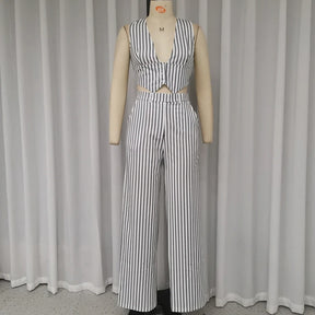 Conjunto Glamour de Verão – Top Listrado sem Mangas e Calça de Perna Larga