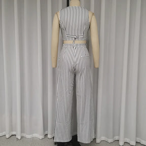 Conjunto Glamour de Verão – Top Listrado sem Mangas e Calça de Perna Larga