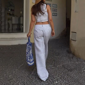 Conjunto Glamour de Verão – Top Listrado sem Mangas e Calça de Perna Larga