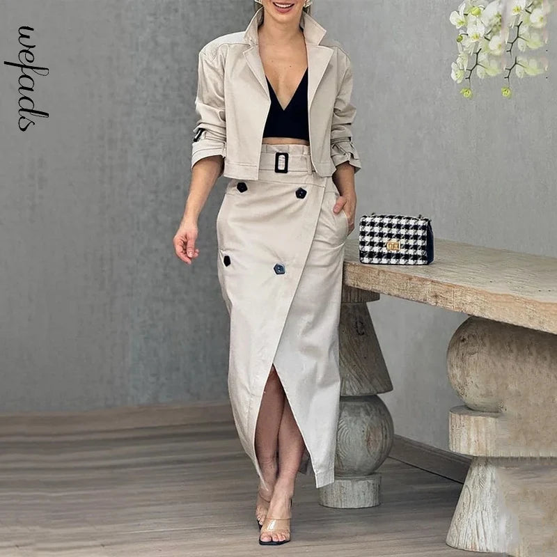 Conjunto Elegante – Blusa com Botões e Saia Midi de Cintura Alta