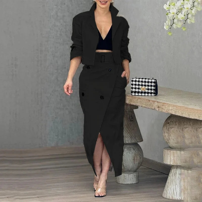 Conjunto Elegante – Blusa com Botões e Saia Midi de Cintura Alta