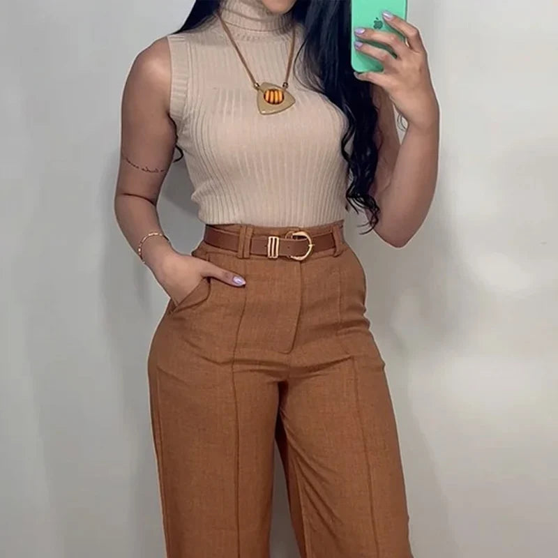 Conjunto Moderno e Confortável – Suéter sem Mangas e Calça Solta com Estilo