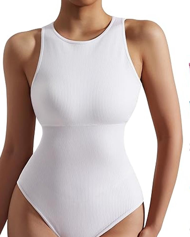 Body Sem Mangas com Decote em V e Design Canelado – Elegância e Controle
