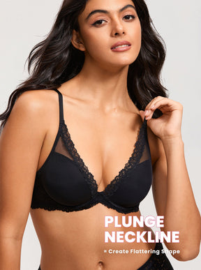 Diosa Glam™ Sutiã Plunge com Renda e Tule Transparente